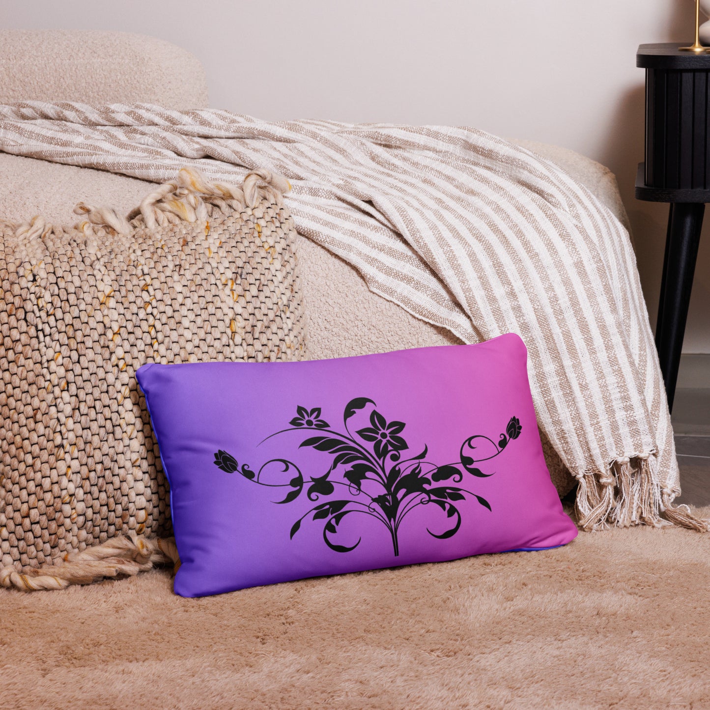 Floral Filigree Bouquet Design Purple Pink Gradient Throw Pillow 12" x 20"