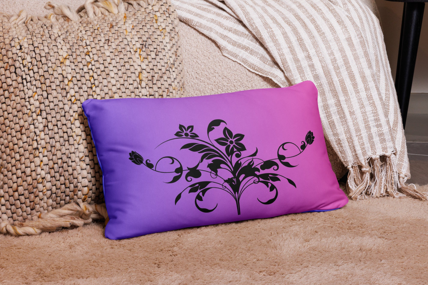 Floral Filigree Bouquet Design Purple Pink Gradient Throw Pillow 12" x 20"