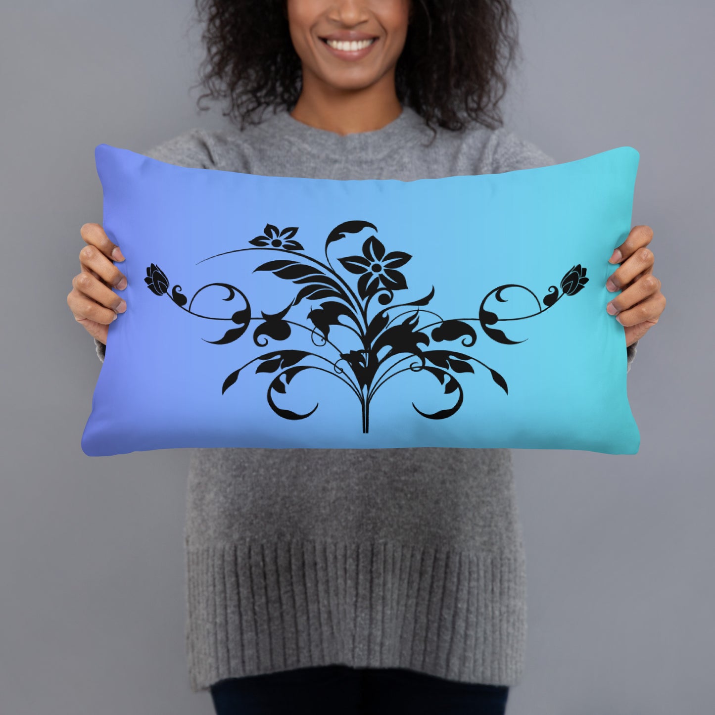 Floral Filigree Bouquet Design Purple Blue Gradient Throw Pillow 12" x 20"
