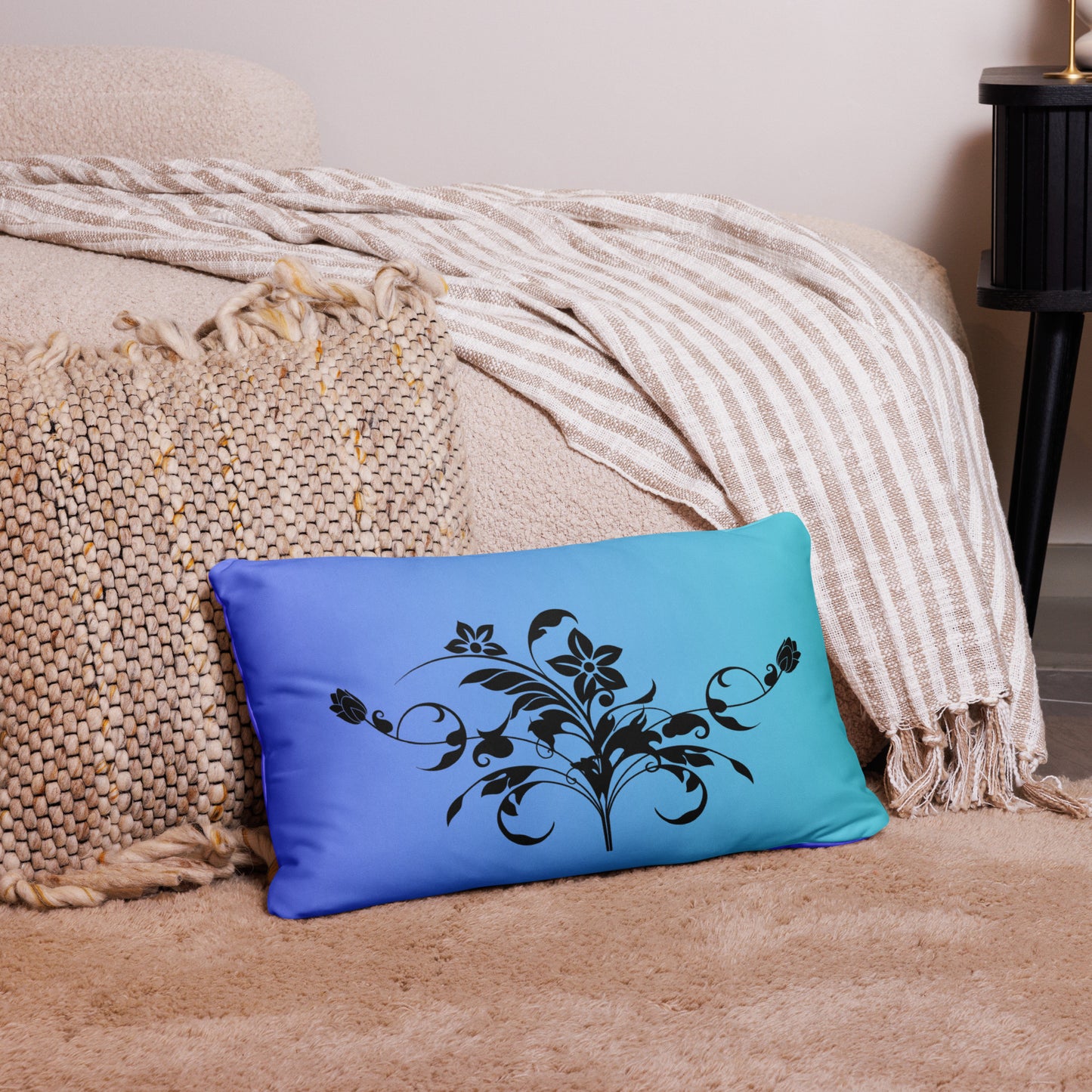 Floral Filigree Bouquet Design Purple Blue Gradient Throw Pillow 12" x 20"