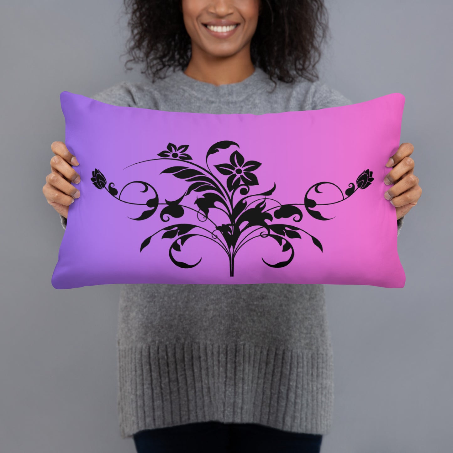 Floral Filigree Bouquet Design Purple Pink Gradient Throw Pillow 12" x 20"