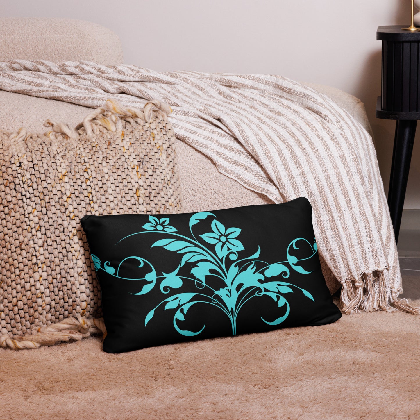 Floral Filigree Bouquet Blue Design Black Throw Pillow 12" x 20"