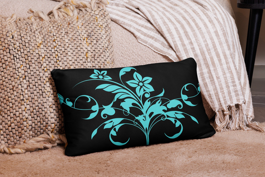 Floral Filigree Bouquet Blue Design Black Throw Pillow 12" x 20"