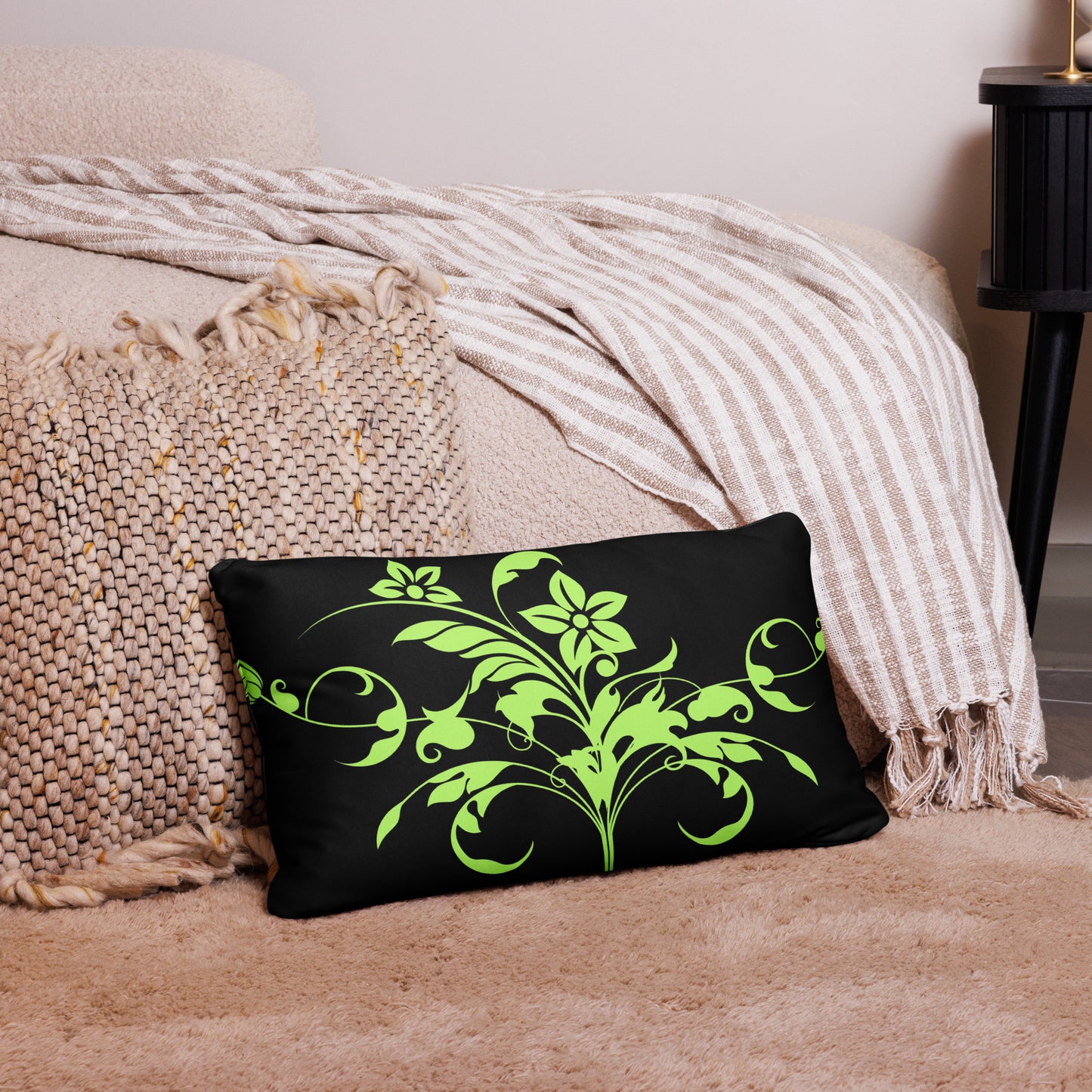 Floral Filigree Bouquet Green Design Black Throw Pillow 12" x 20"