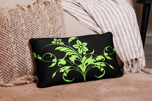 Floral Filigree Bouquet Green Design Black Throw Pillow 12" x 20"