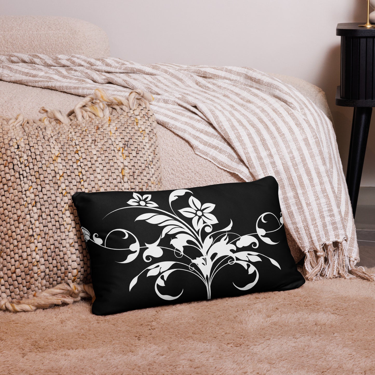 Floral Filigree Bouquet Design Black Throw Pillow 12" x 20"