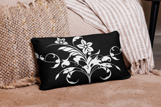 Floral Filigree Bouquet Design Black Throw Pillow 12" x 20"