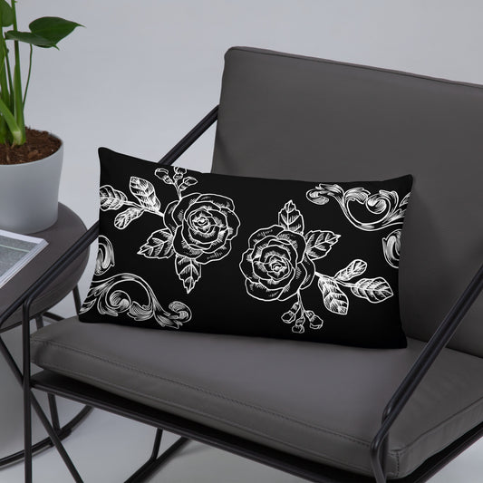Flower Filigree White Design Black Throw Pillow 12" x 20"