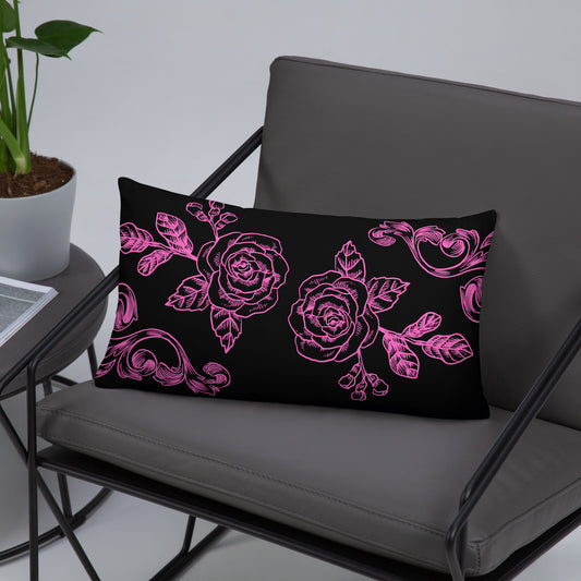 Flower Filigree Pink Design Black Throw Pillow 12" x 20"