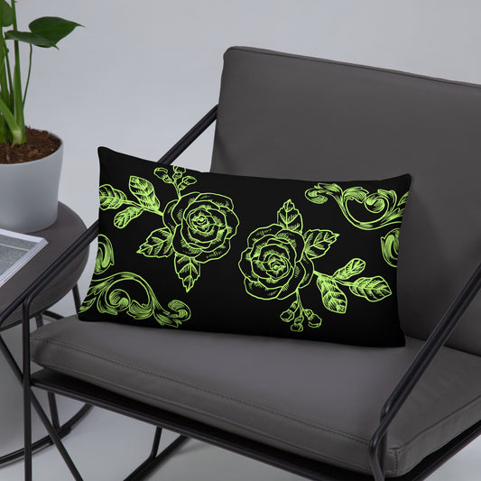 Flower Filigree Green Design Black Throw Pillow 12" x 20"