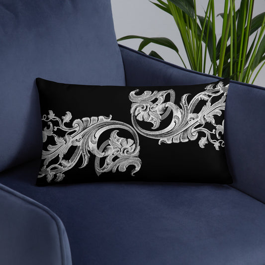 Art Nouveau Filigree White Design Black Throw Pillow 12" x 20"