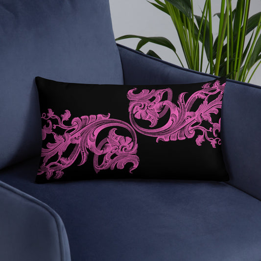 Art Nouveau Filigree Pink Design Black Throw Pillow 12" x 20"