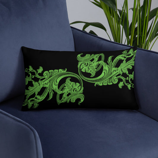 Art Nouveau Filigree Green Design Black Throw Pillow 12" x 20"