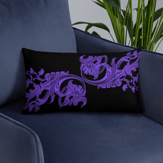 Art Nouveau Filigree Purple Design Black Throw Pillow 12" x 20"
