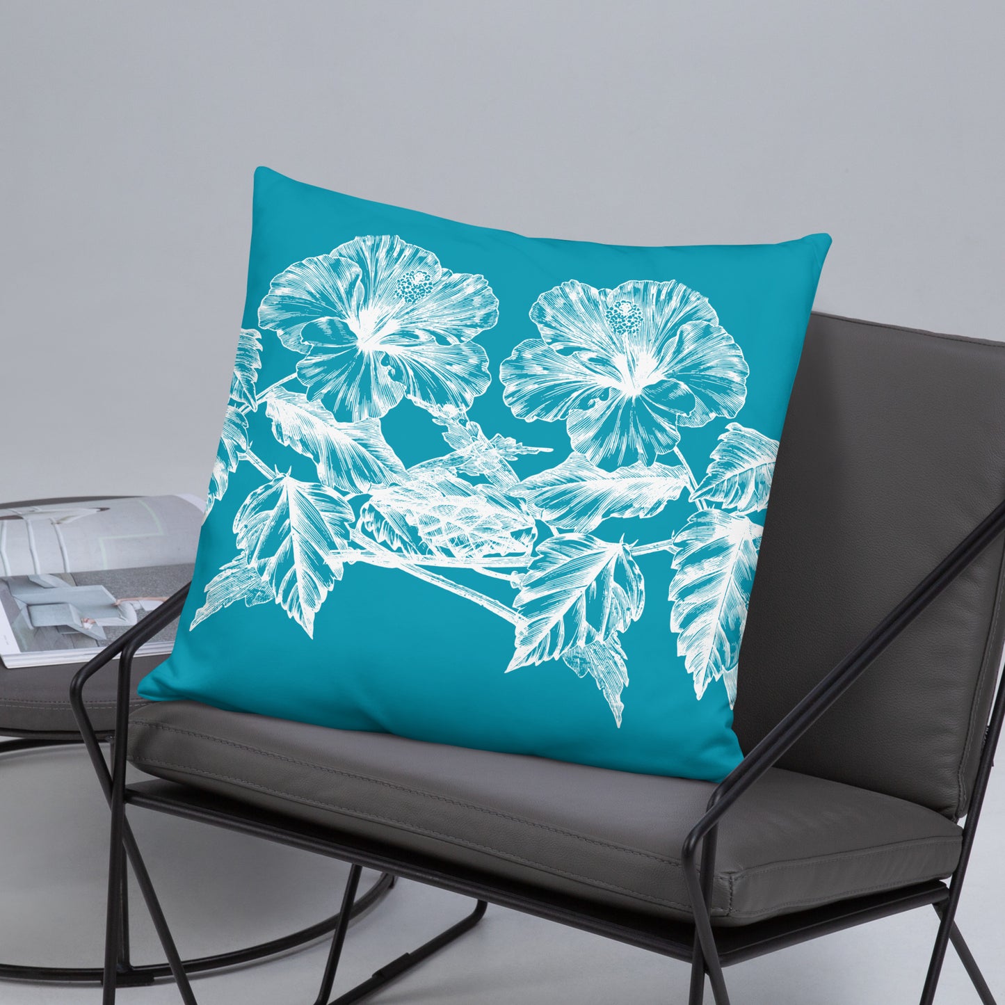 White Flowers Teal Throw Pillow 22" x 22"