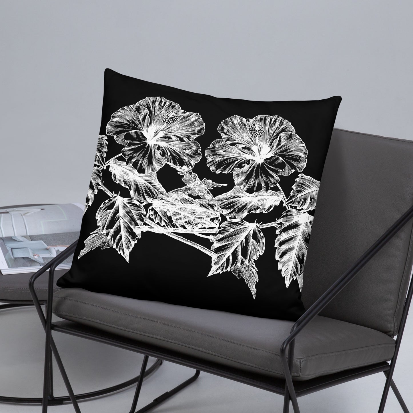 White Flowers Black Throw Pillow 22" x 22"