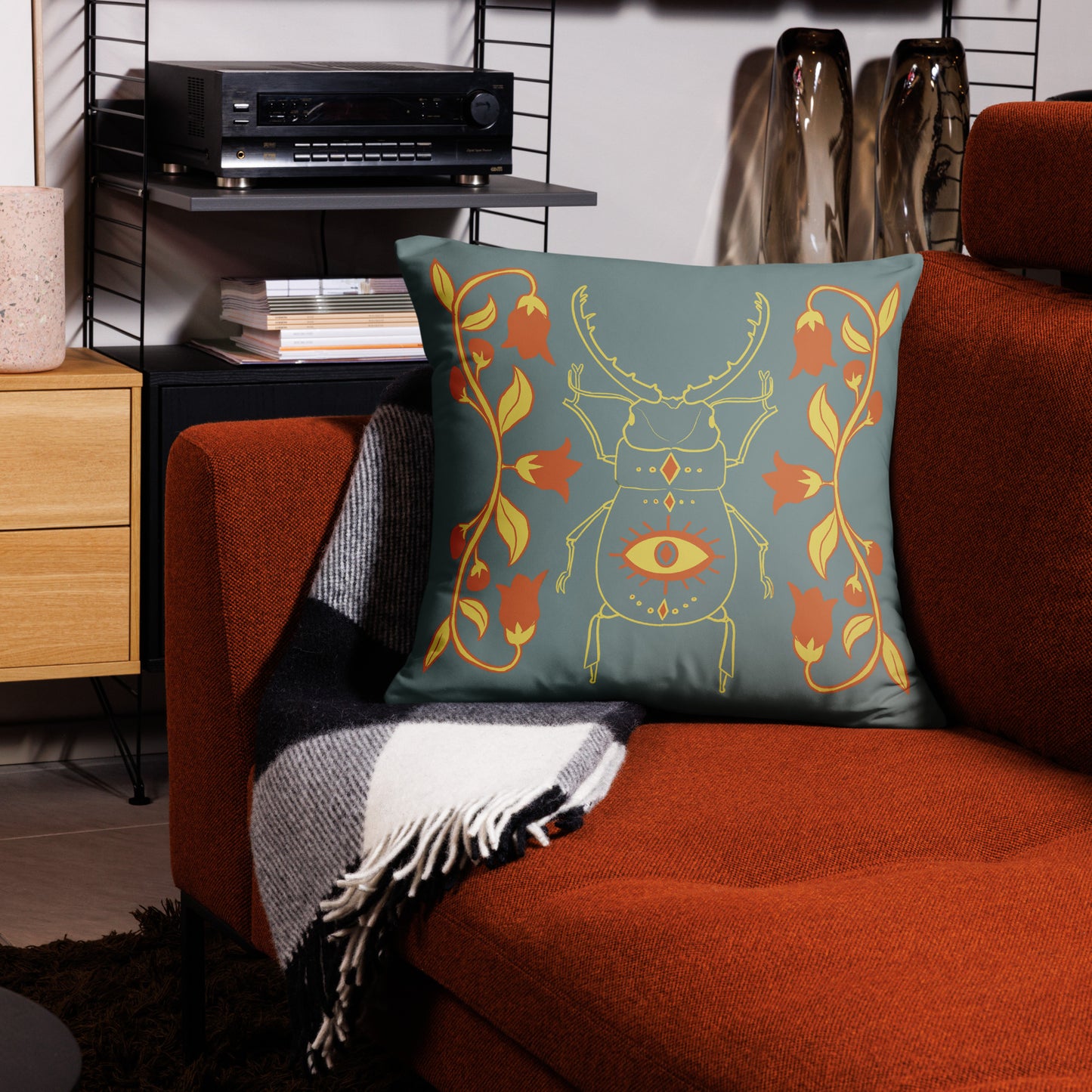 Retro Style Beetle Gray Throw Pillow 22" x 22"