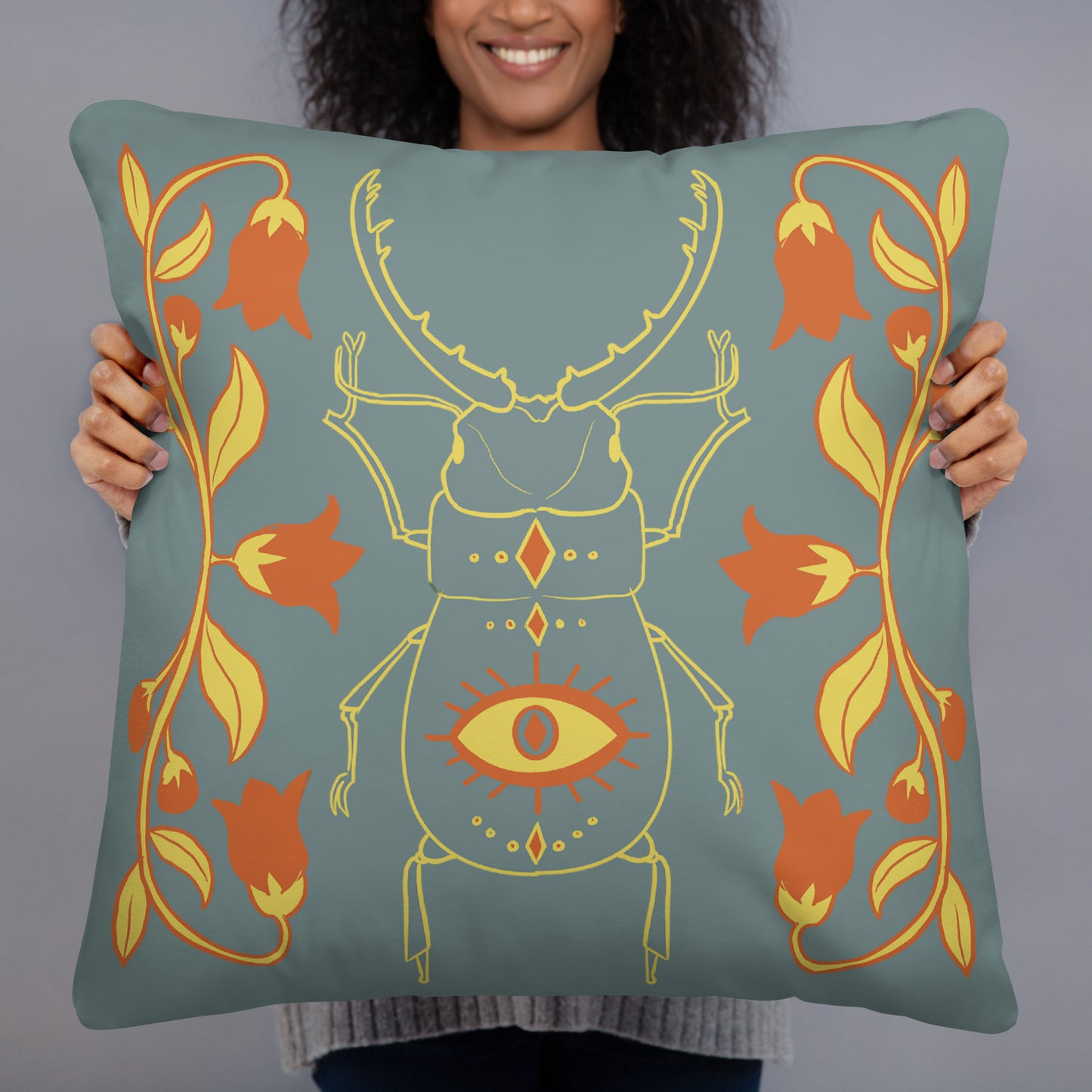 Retro Style Beetle Gray Throw Pillow 22" x 22"