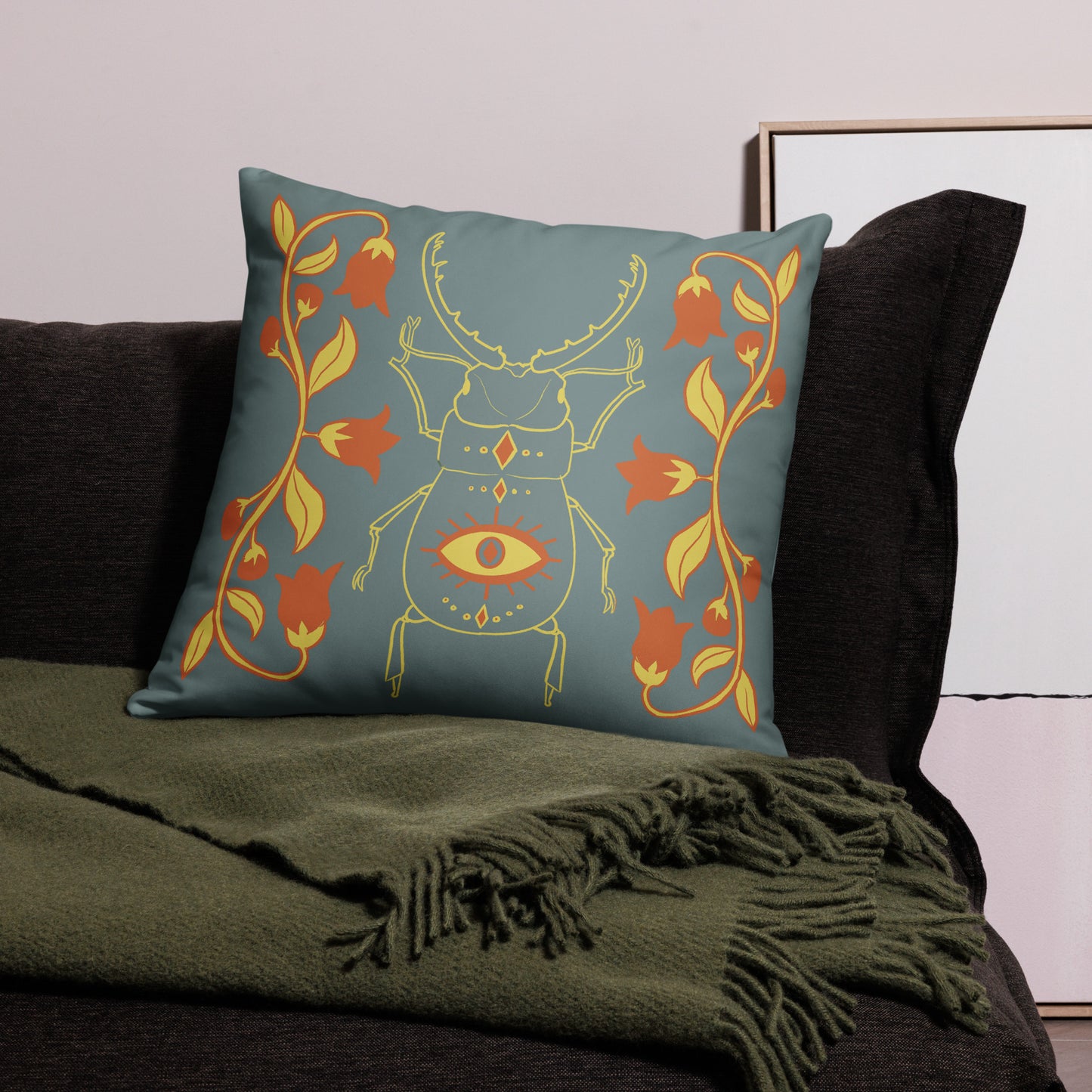 Retro Style Beetle Gray Throw Pillow 22" x 22"