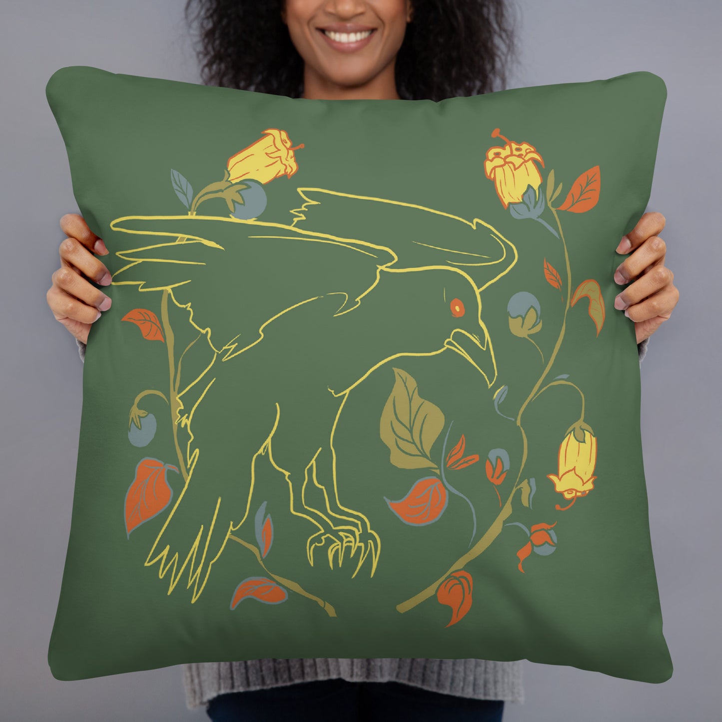 Retro Style Raven Green Bird Green Throw Pillow 22" x 22"