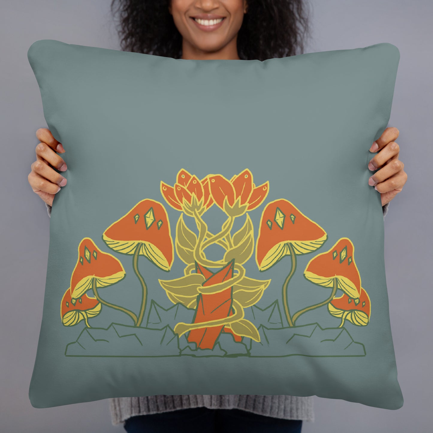 Retro Style Mushrooms Flowers Crystal Gray Throw Pillow 22" x 22"