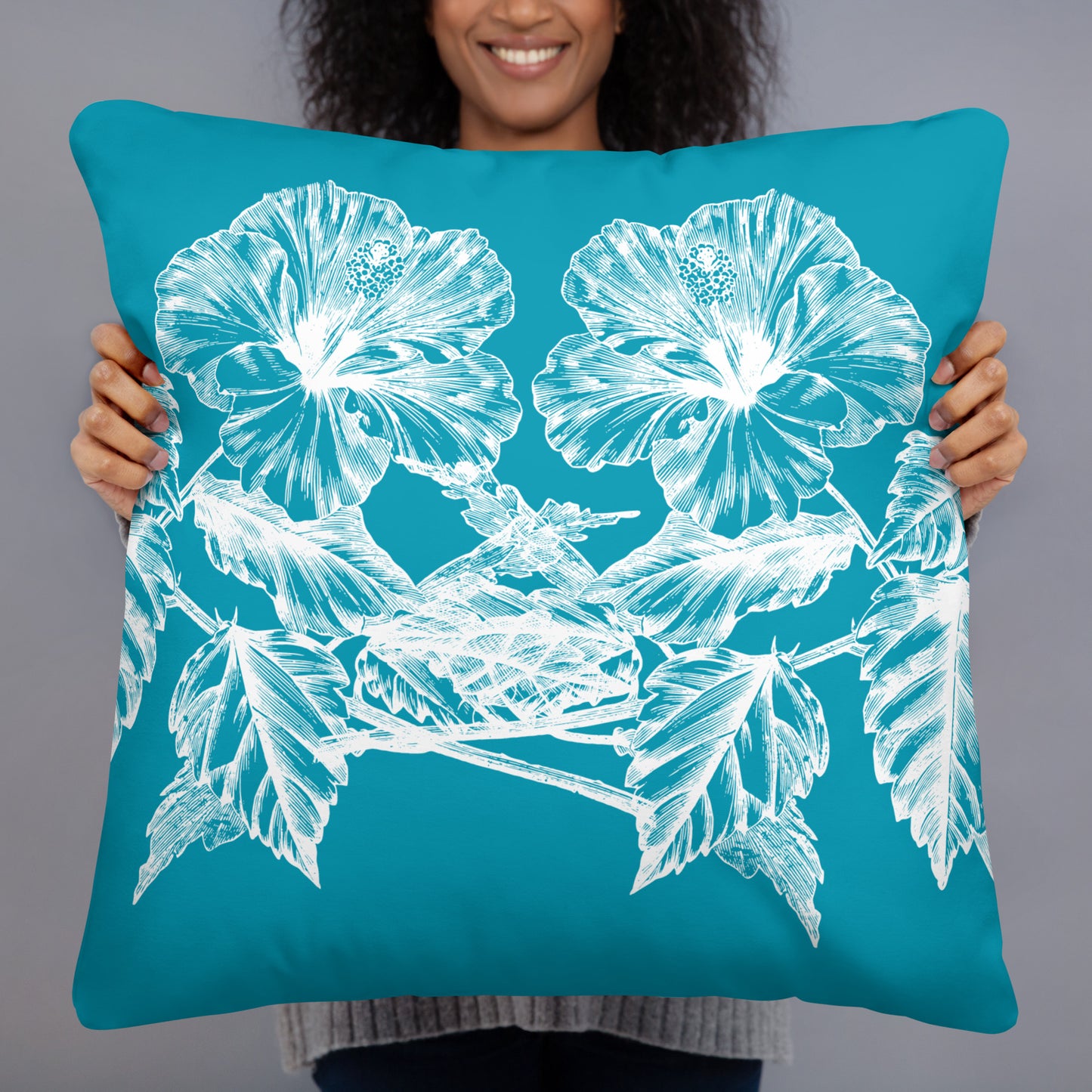 White Flowers Teal Throw Pillow 22" x 22"