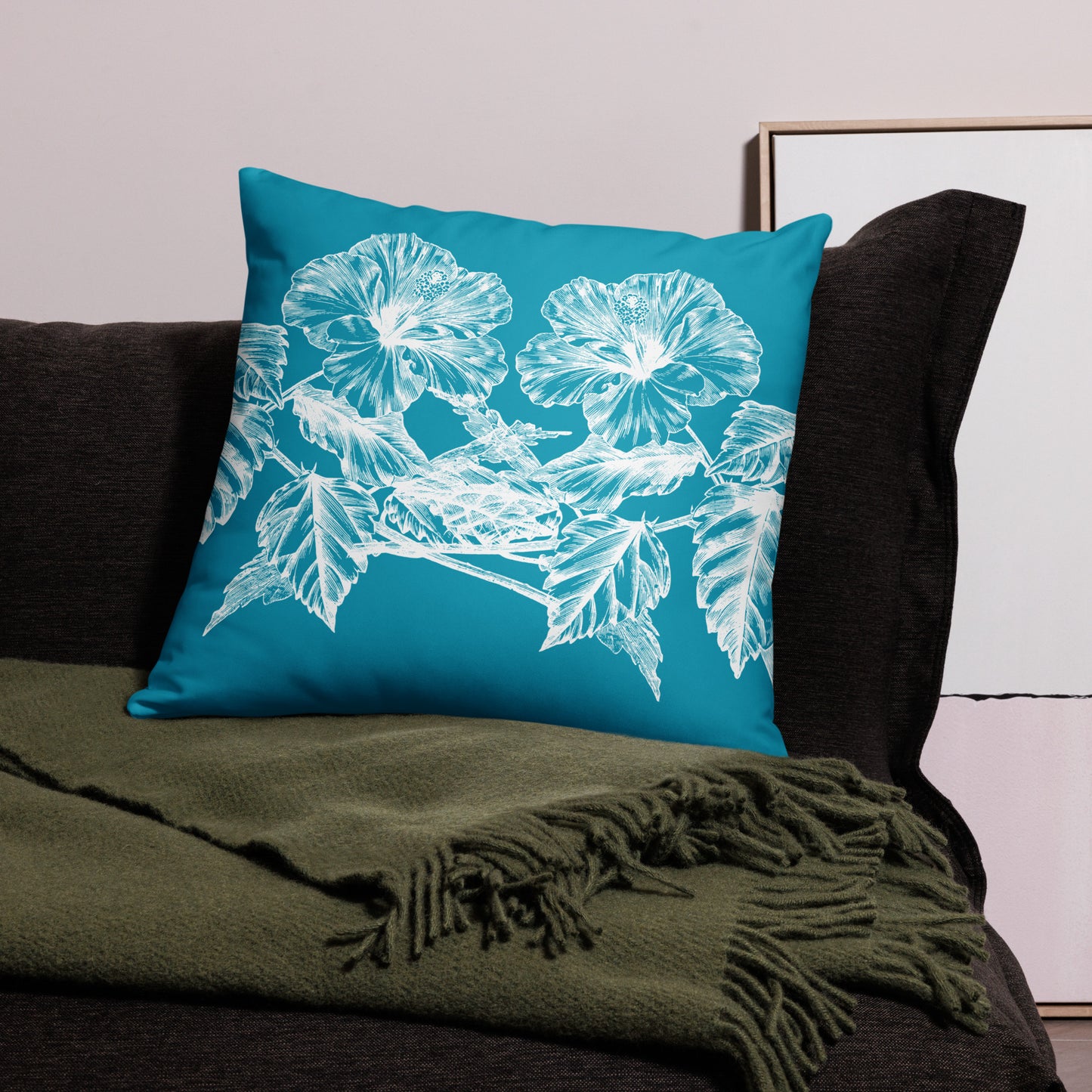 White Flowers Teal Throw Pillow 22" x 22"