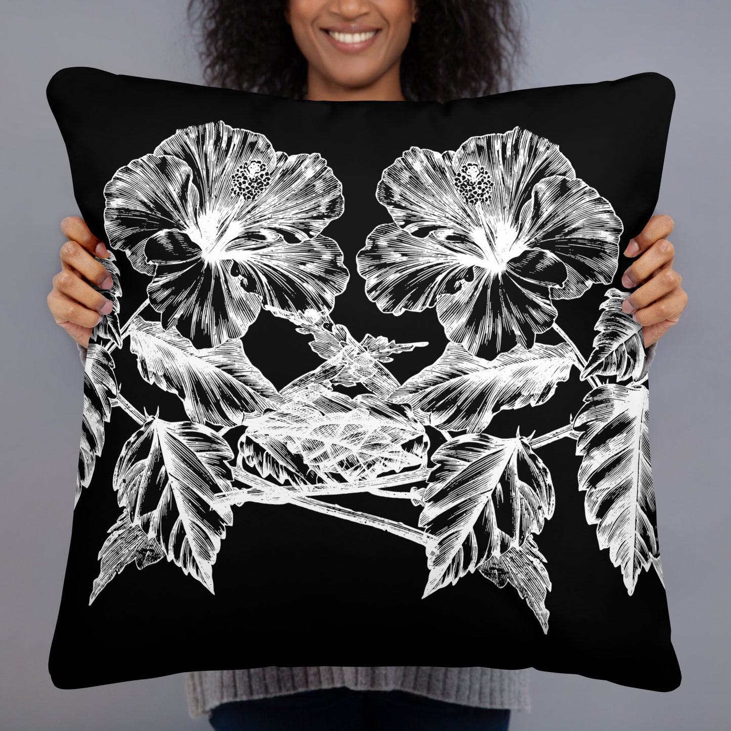 White Flowers Black Throw Pillow 22" x 22"
