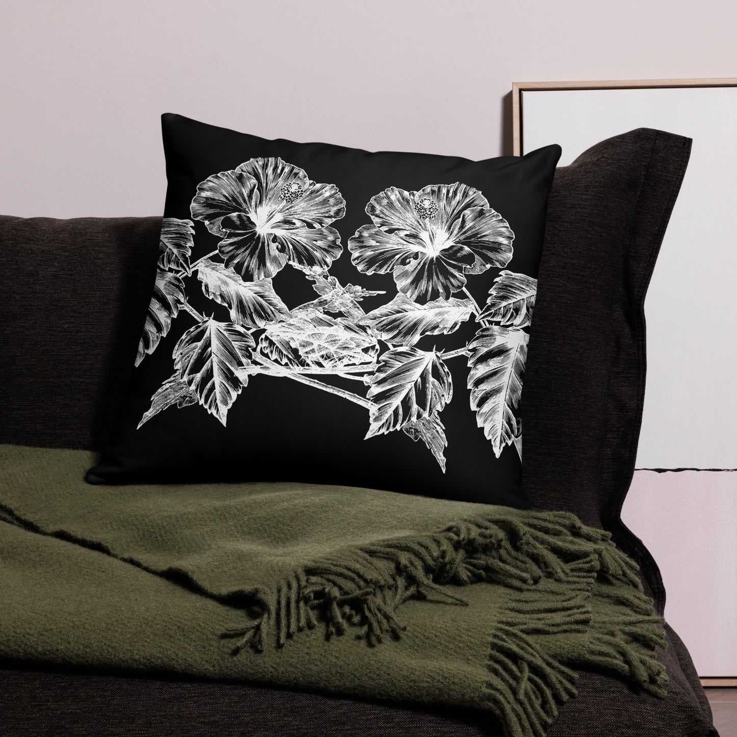 White Flowers Black Throw Pillow 22" x 22"