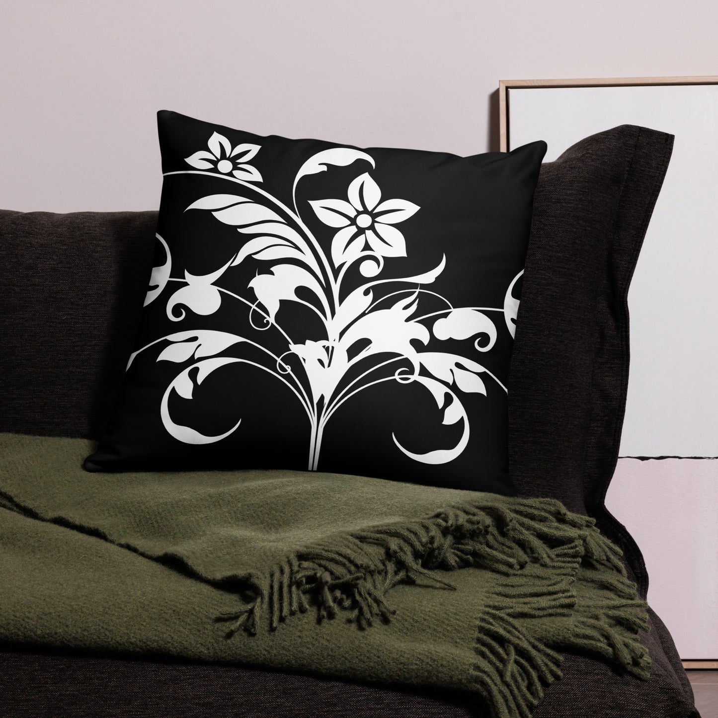 Floral Filigree Bouquet Design Black Throw Pillow 22" x 22"