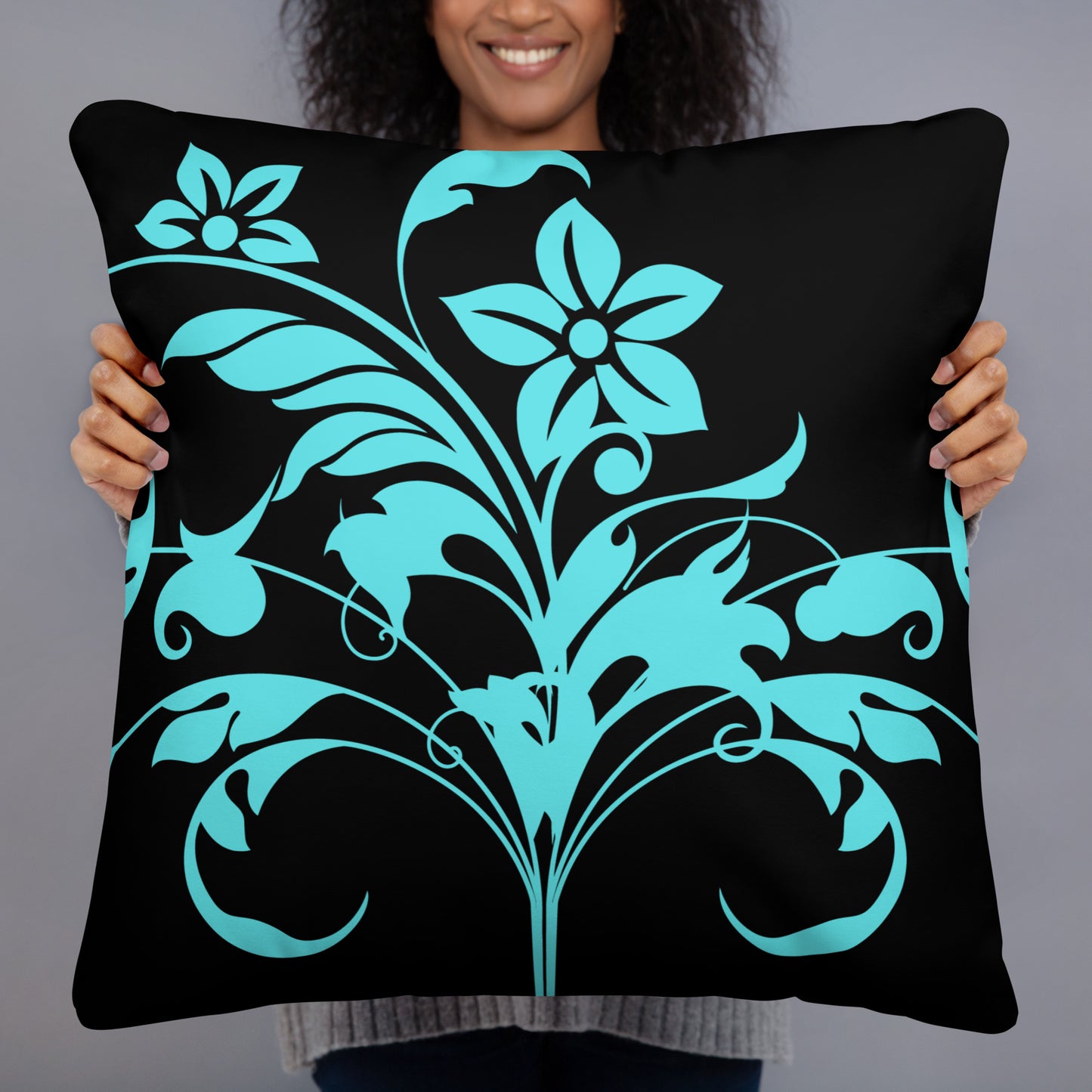 Floral Filigree Bouquet Blue Design Black Throw Pillow 22" x 22"
