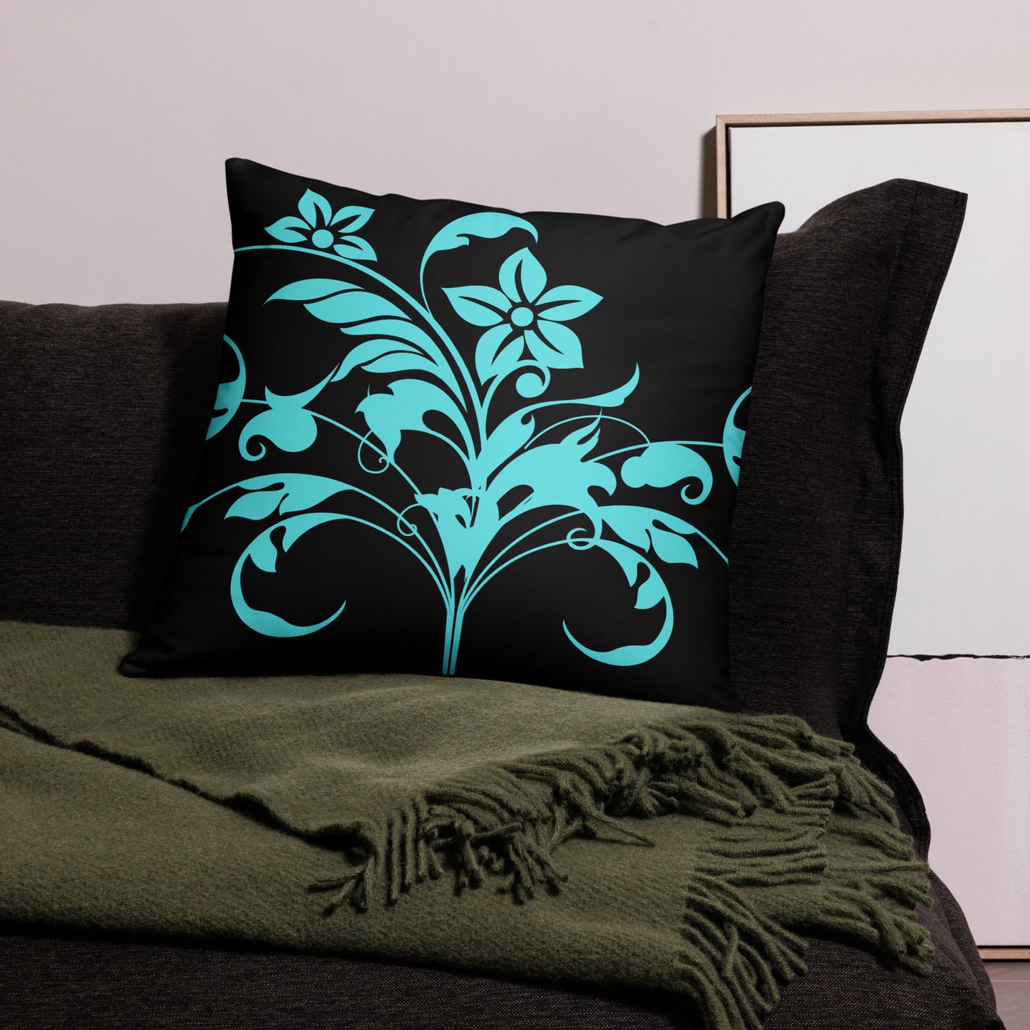 Floral Filigree Bouquet Blue Design Black Throw Pillow 22" x 22"