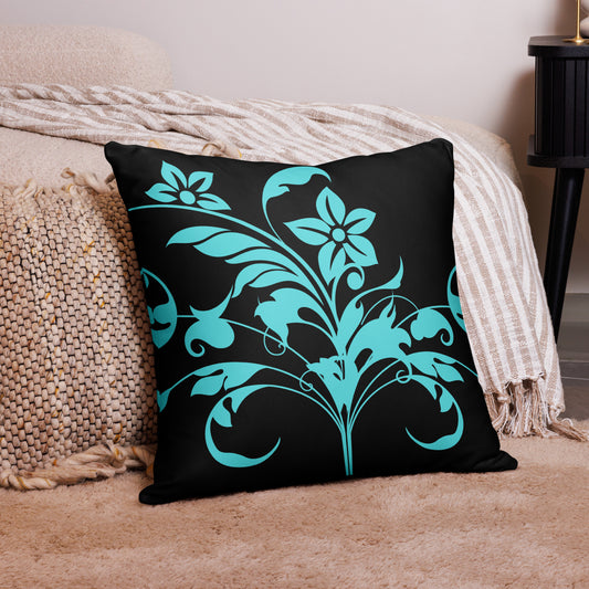 Floral Filigree Bouquet Blue Design Black Throw Pillow 22" x 22"