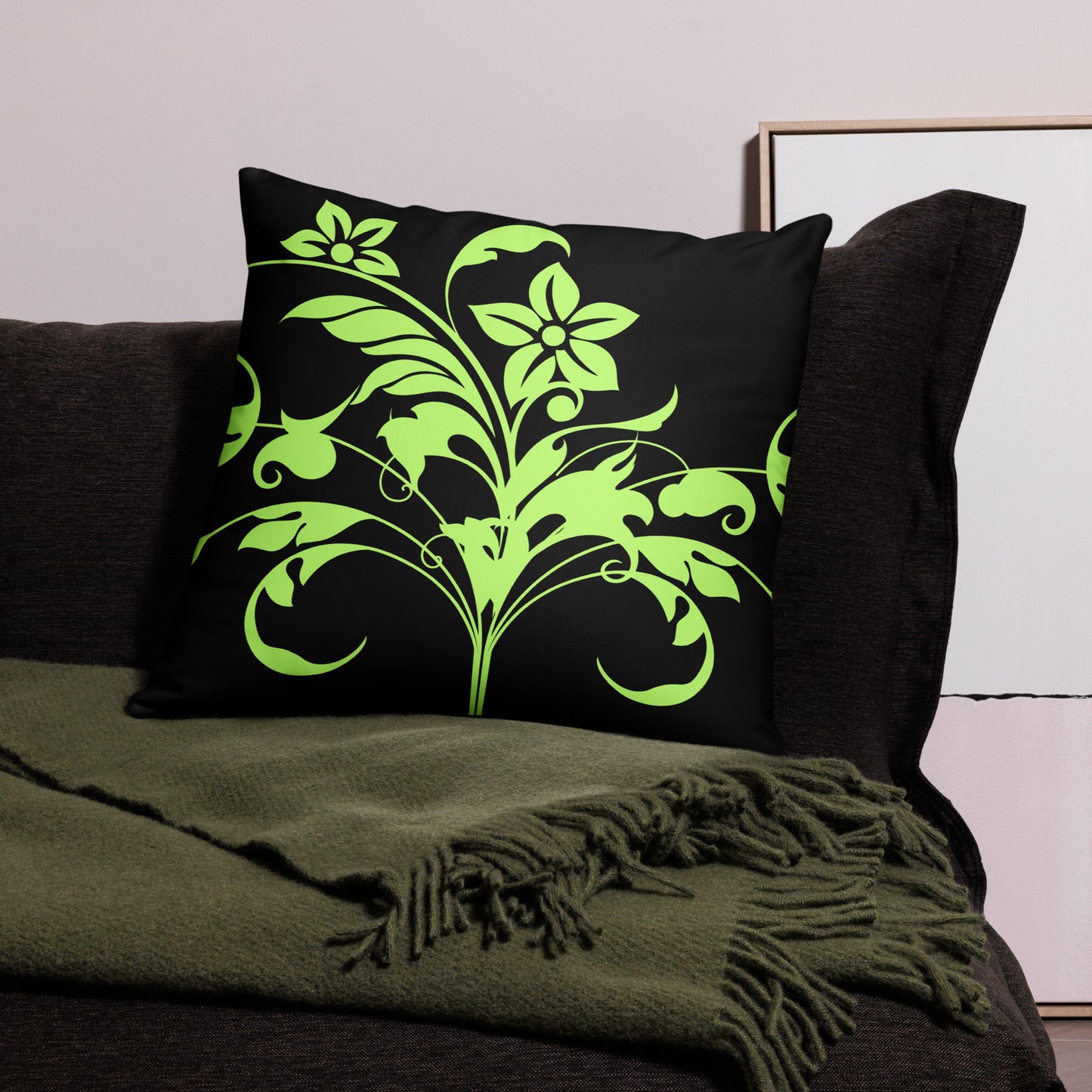 Floral Filigree Bouquet Green Design Black Throw Pillow 22" x 22"