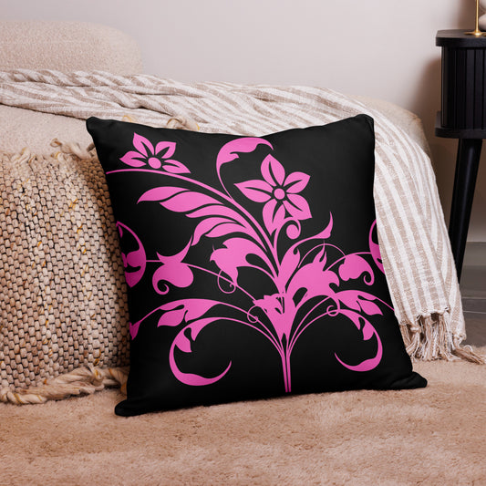 Floral Filigree Bouquet Pink Design Black Throw Pillow 22" x 22"