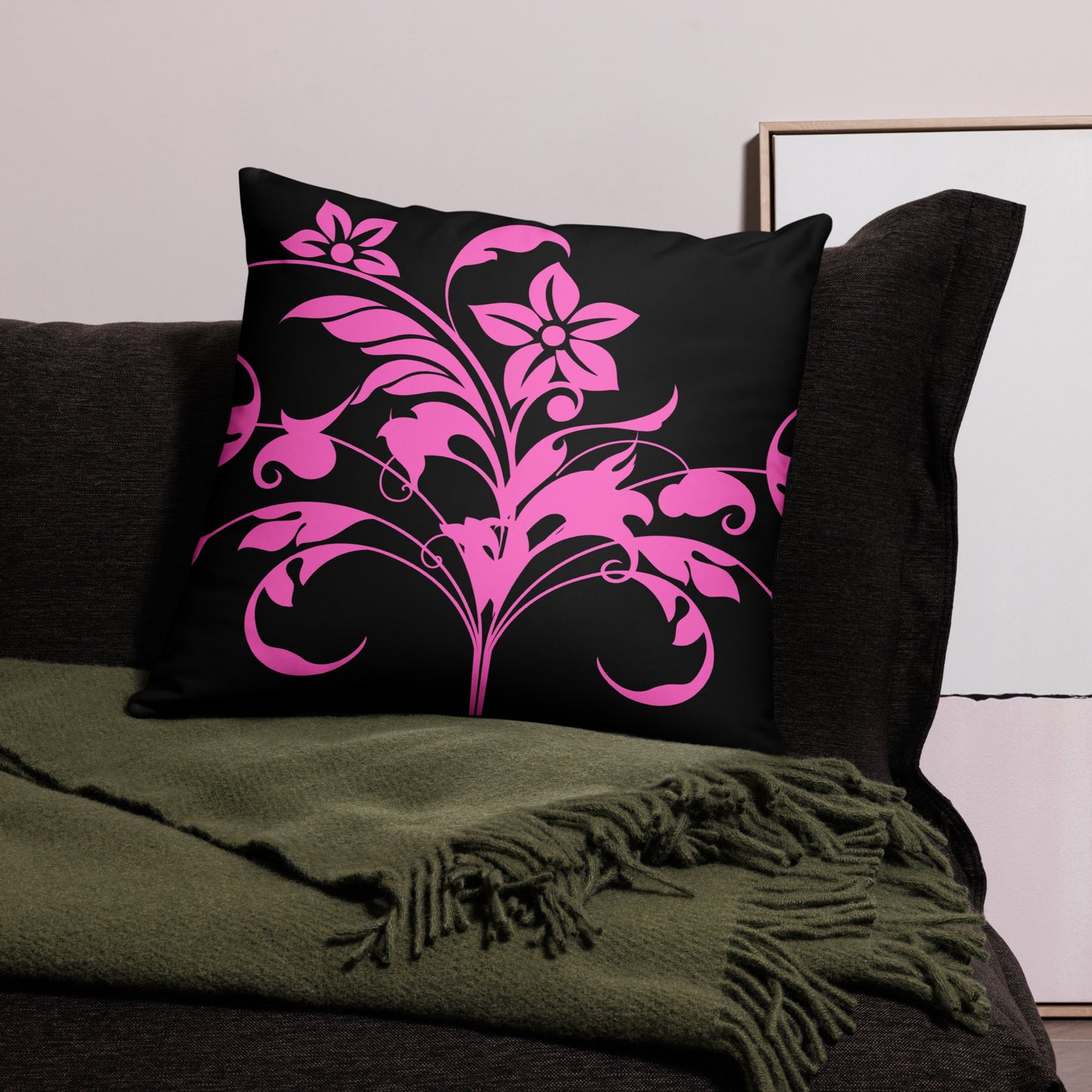 Floral Filigree Bouquet Pink Design Black Throw Pillow 22" x 22"