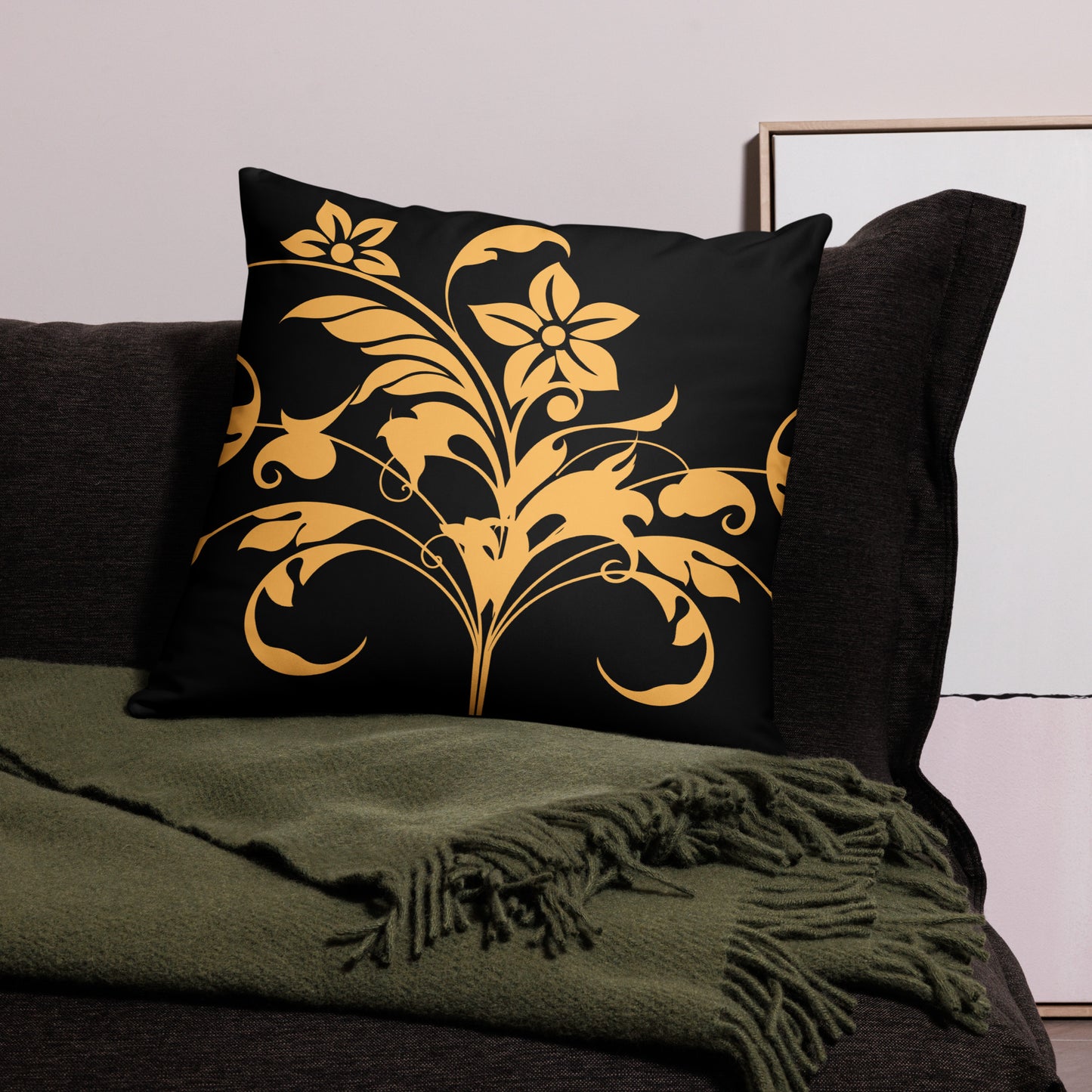 Floral Filigree Bouquet Orange Design Black Throw Pillow 22" x 22"