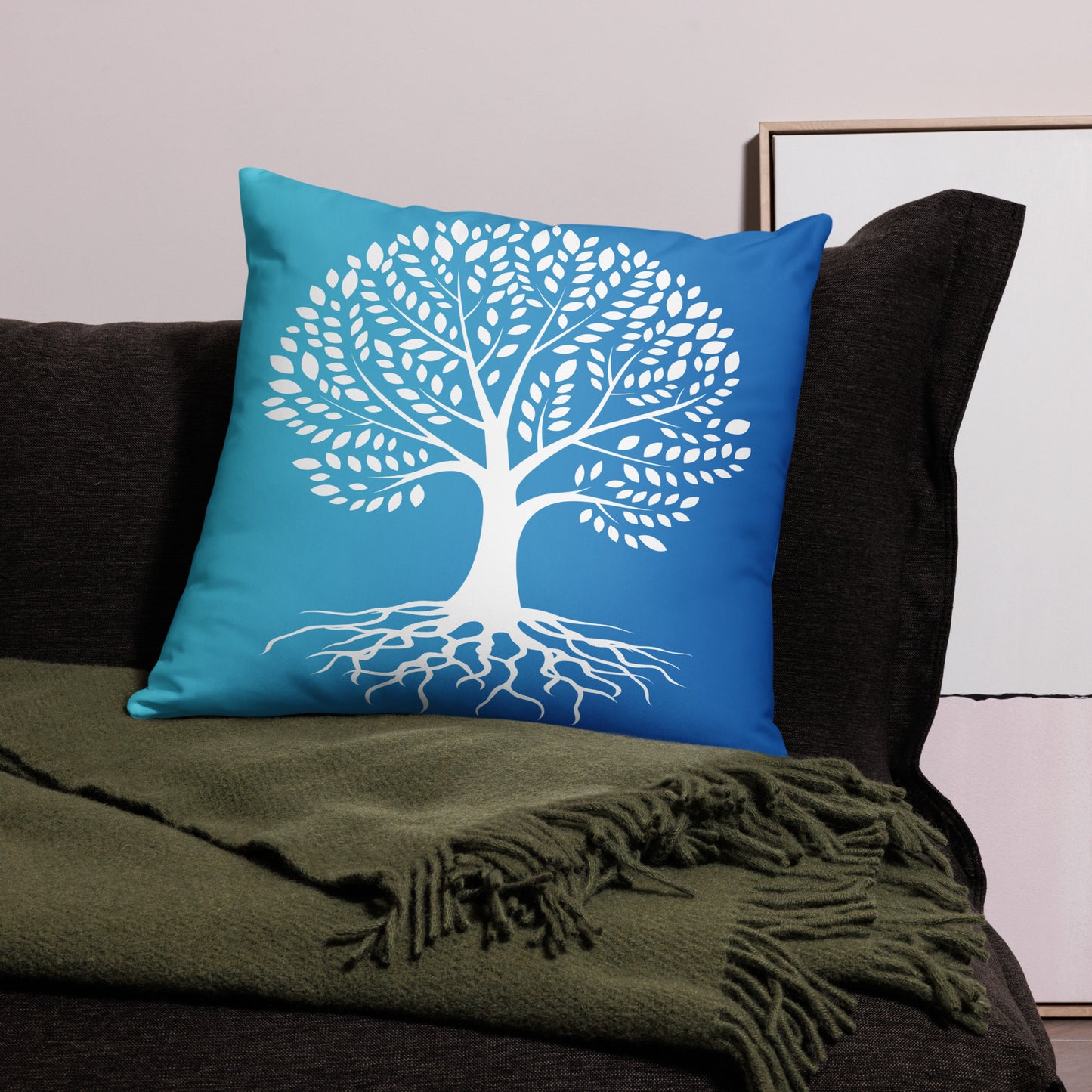 Roots Below Tree Design Blue Throw Pillow 22" x 22"