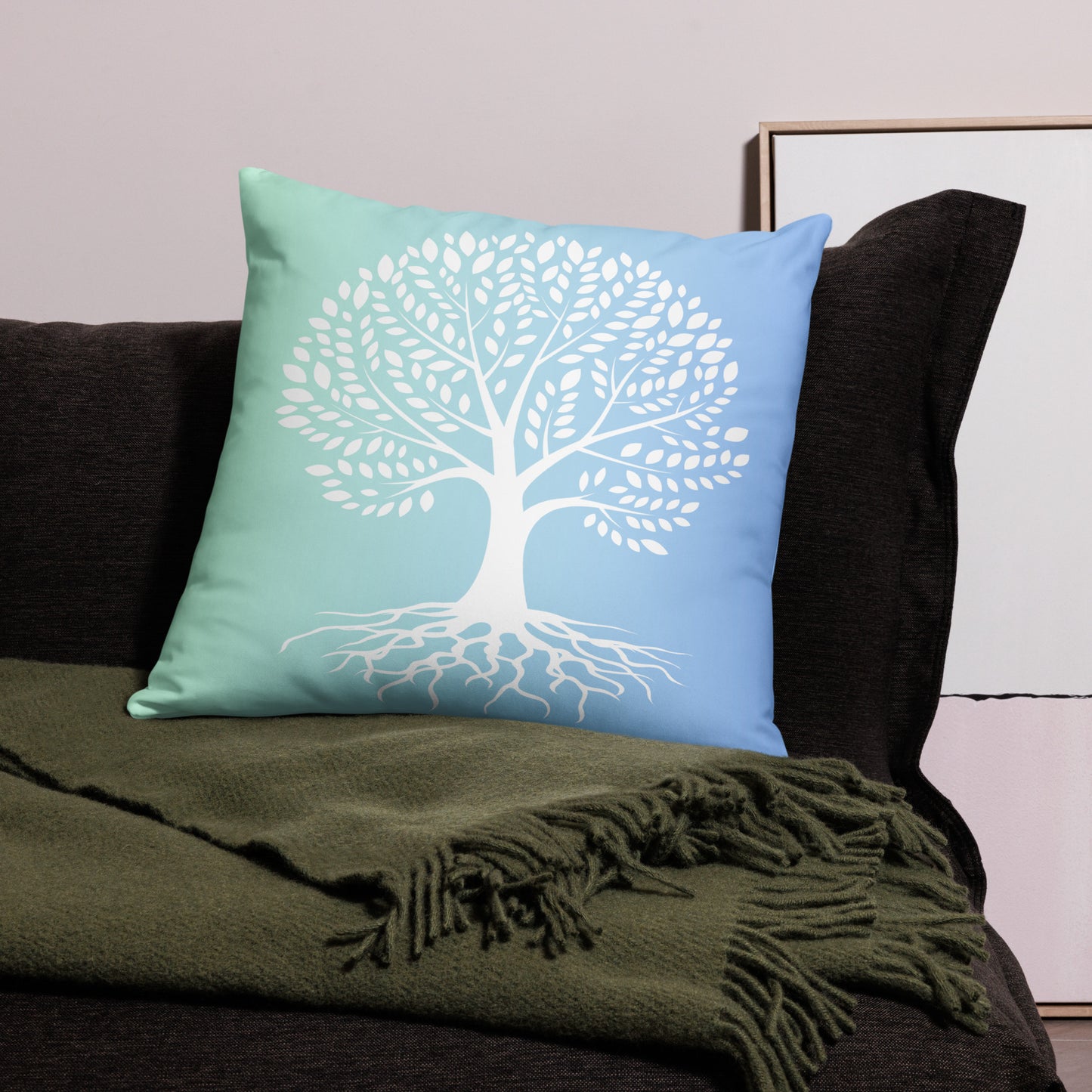 Roots Below Tree Design Green Blue Throw Pillow 22" x 22"