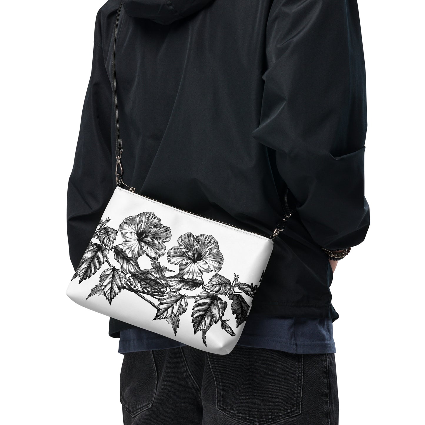 White Flowers White Crossbody Bag with Removable Wrist and Shoulder Straps