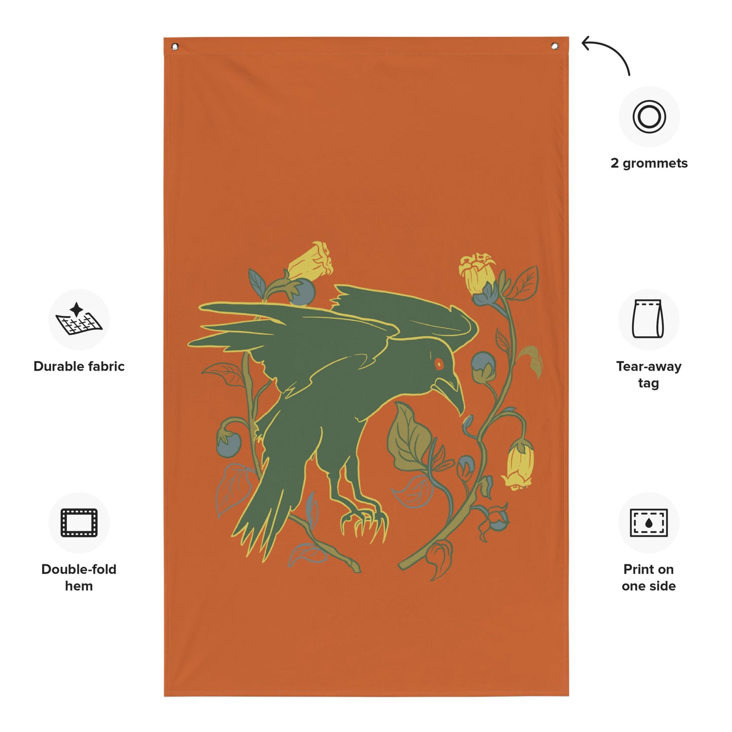Retro Style Raven Green Bird Flag 34 ½" x 56" Wall Decor