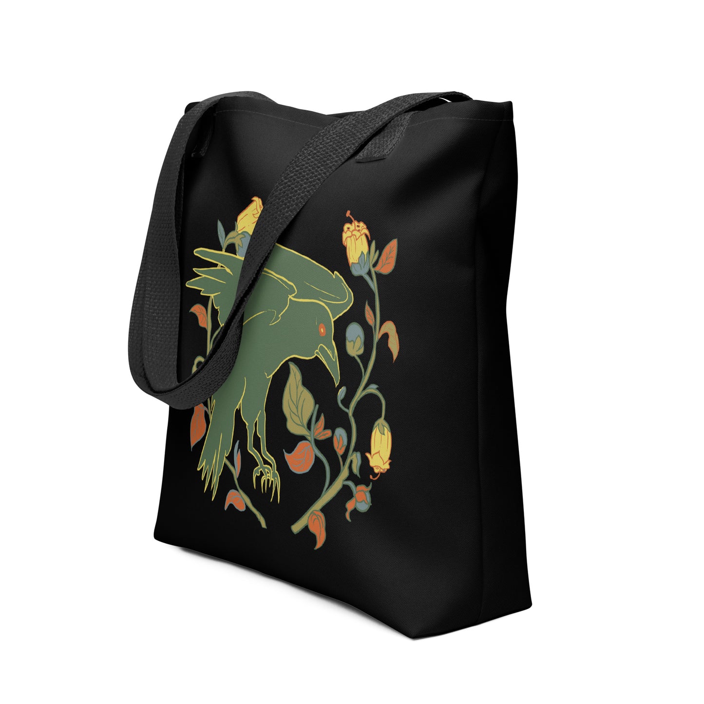 Retro Style Green Bird Raven Black Tote Bag