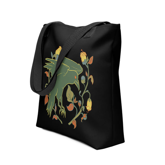 Retro Style Raven Green Bird Black Tote Bag