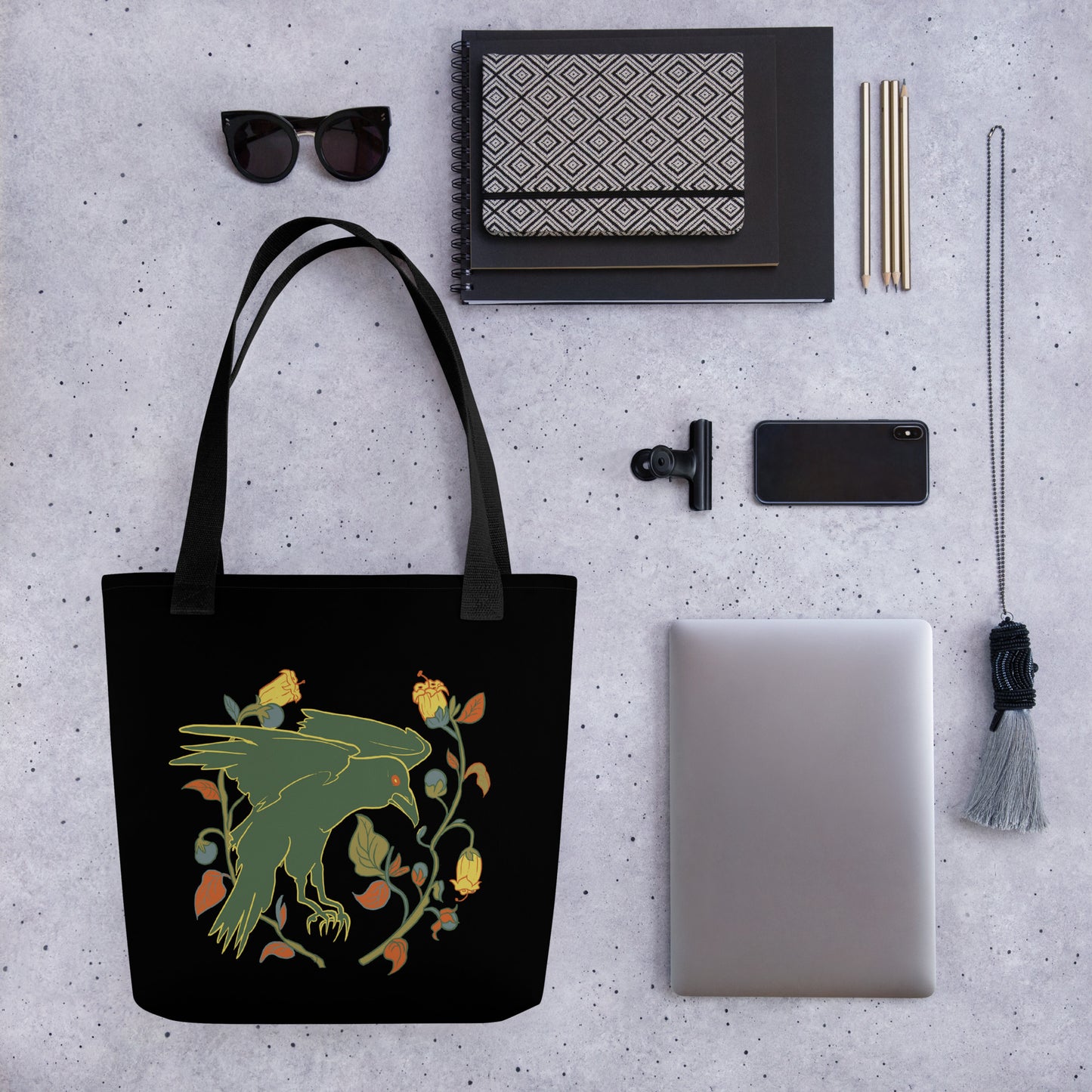Retro Style Green Bird Raven Black Tote Bag