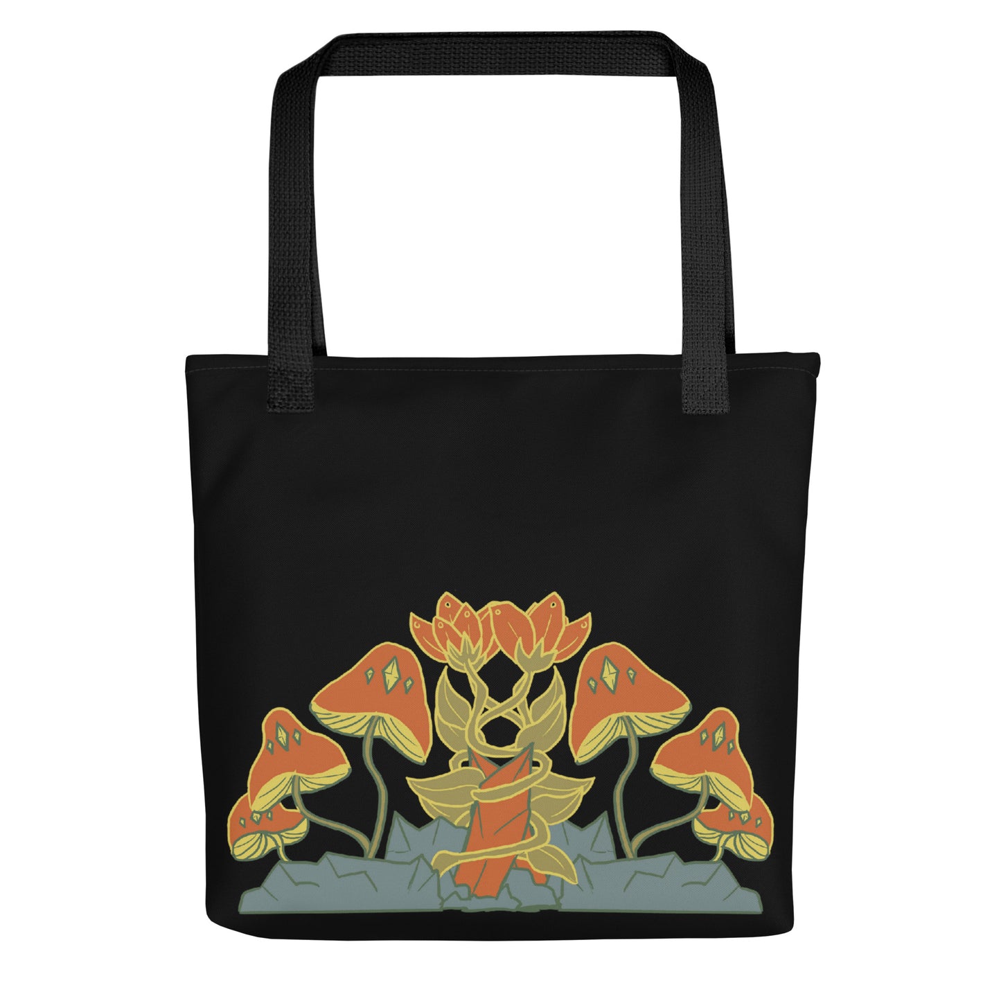 Retro Style Mushrooms Flowers Crystal Black Tote Bag