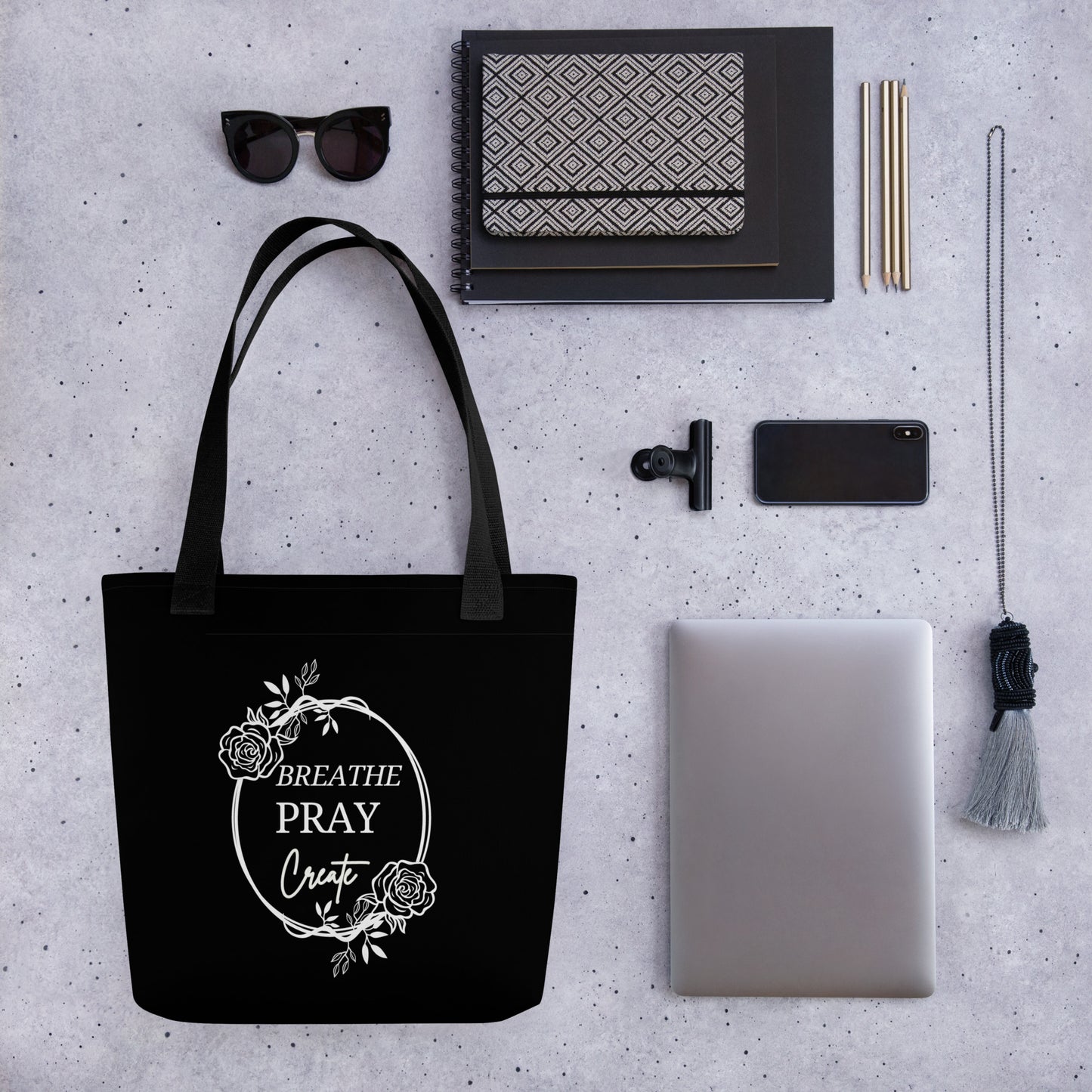 Breathe Pray Create Flower Frame Black Tote Bag