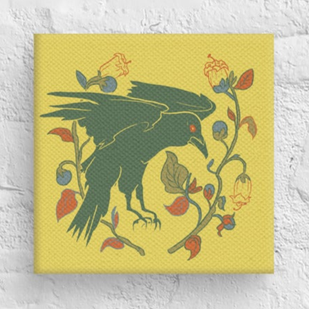 Retro Style Raven Green Bird Yellow Mini Square Canvas Print 6" x 6" Desk Decor