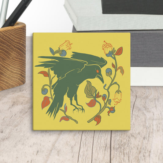 Retro Style Raven Green Bird Yellow Mini Square Canvas Print 6" x 6" Desk Decor