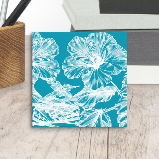White Flowers Teal Mini Square Canvas Print 6" x 6" Desk Decor