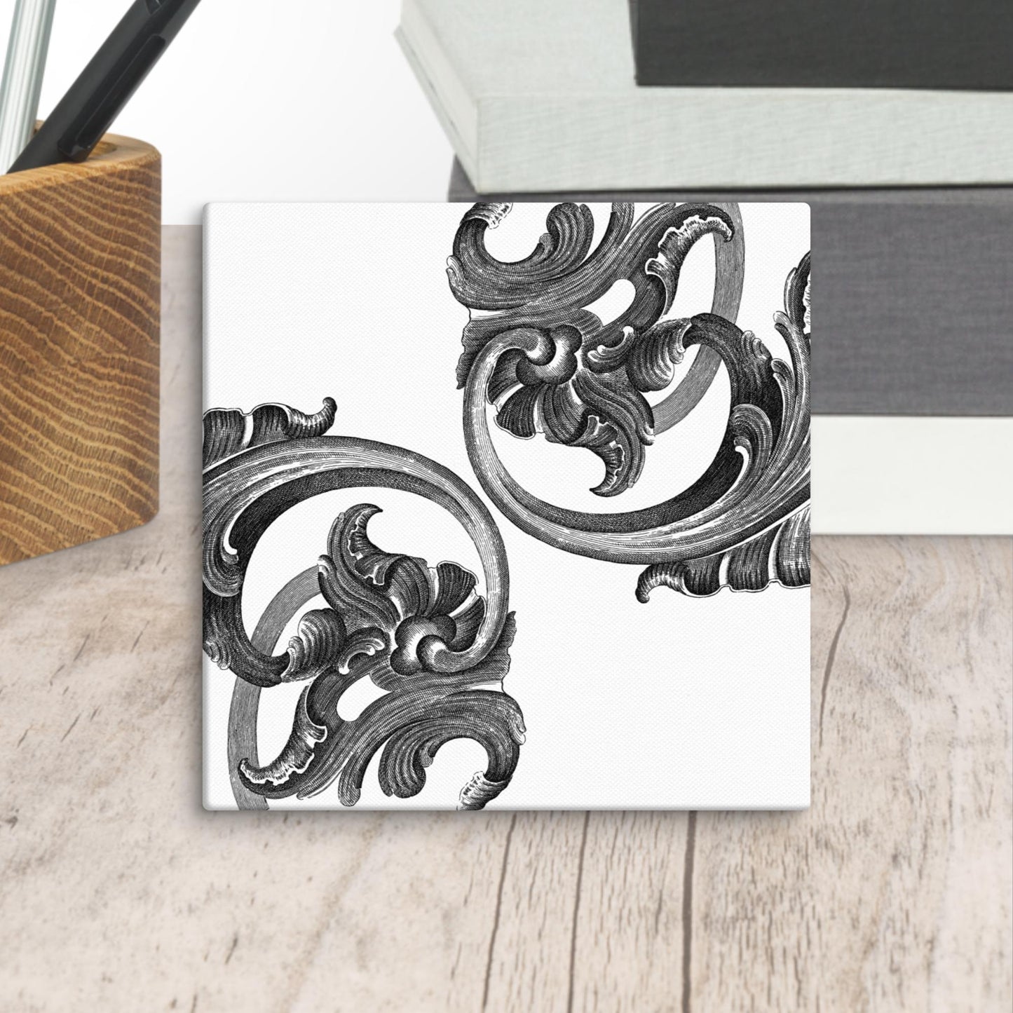 Art Nouveau Filigree White & Black Mini Square Canvas Print 6" x 6" Desk Decor